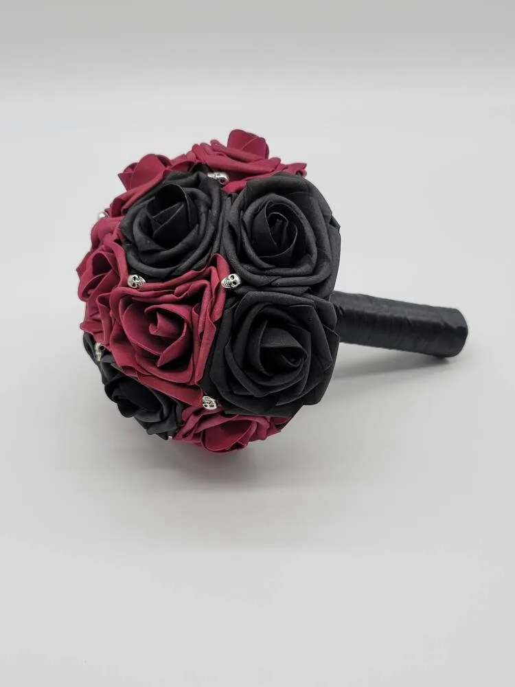Gothic Skull Black And Burgundy Wedding Bouquet
