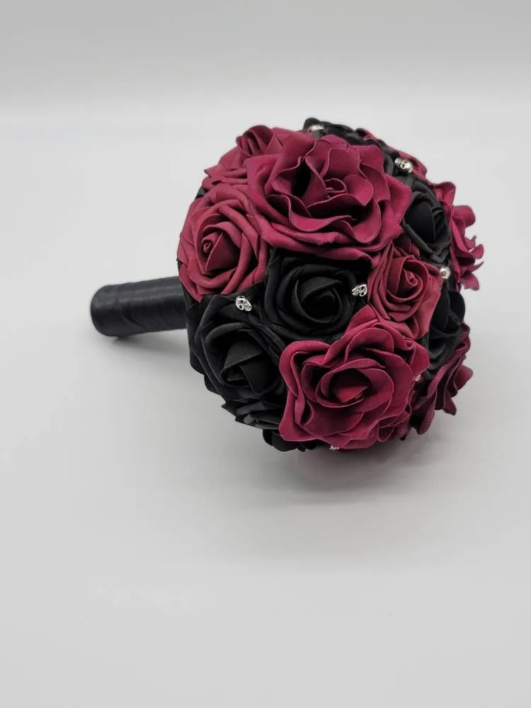 Gothic Skull Black And Burgundy Wedding Bouquet