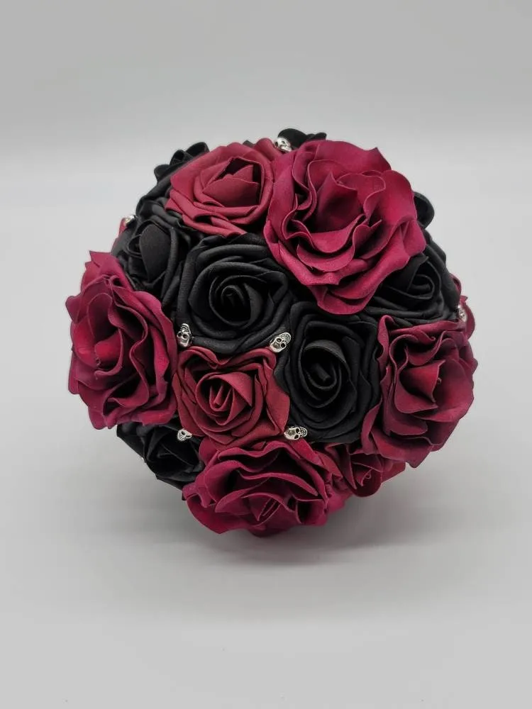 Gothic Skull Black And Burgundy Wedding Bouquet