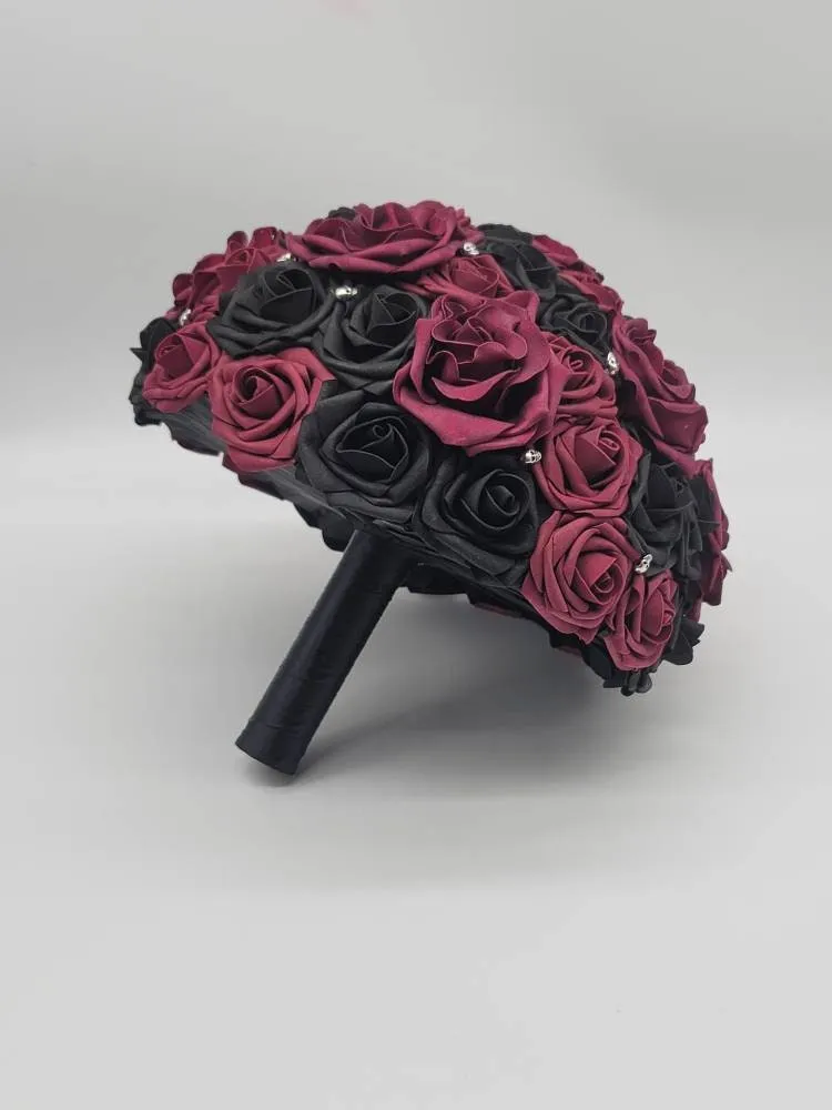 Gothic Skull Black And Burgundy Wedding Bouquet