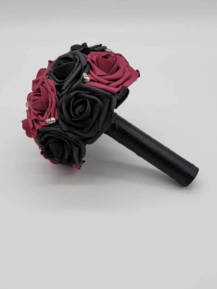 Gothic Skull Black And Burgundy Wedding Bouquet