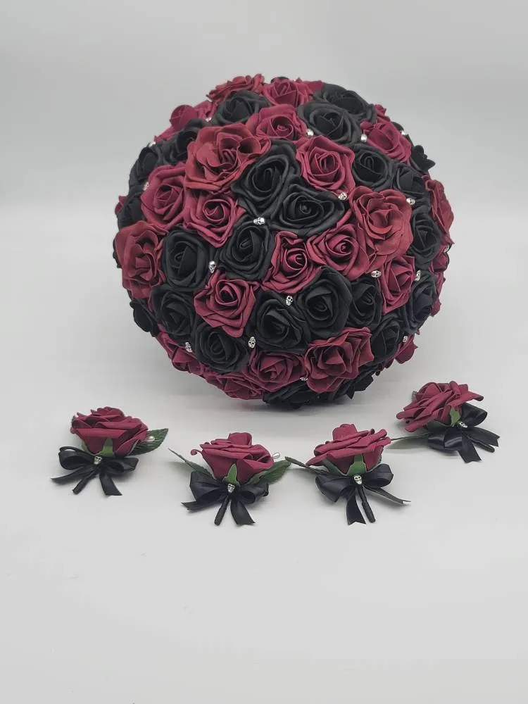 Gothic Skull Black And Burgundy Wedding Bouquet
