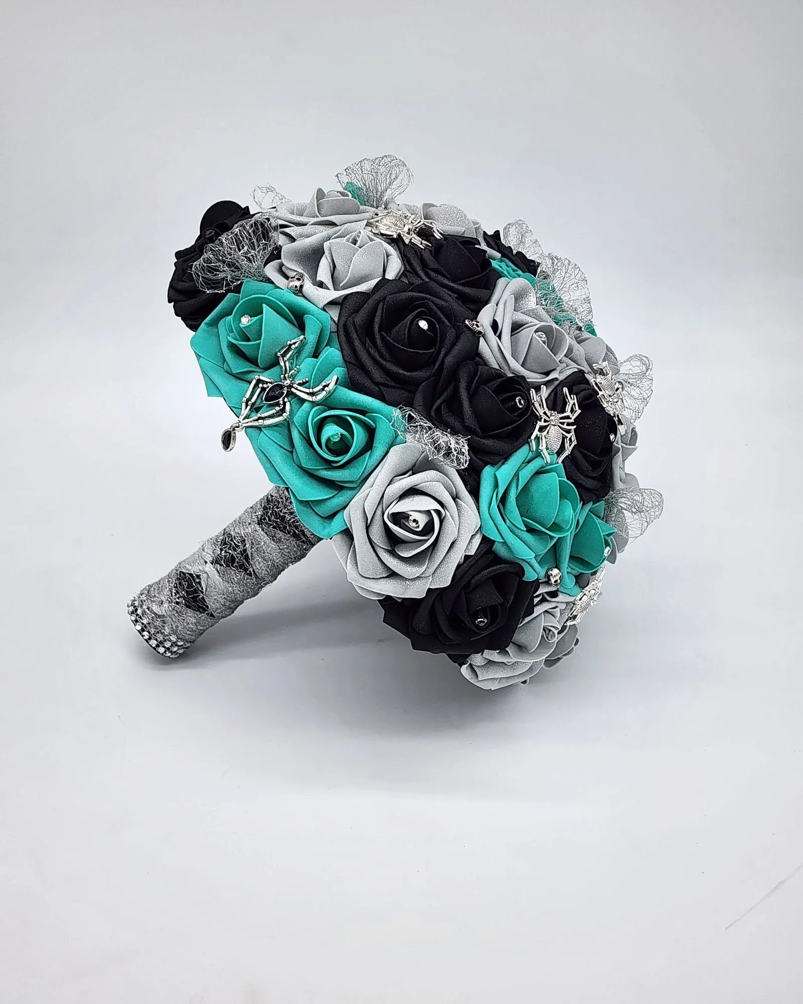 Gothic Teal, Black, and Silver Wedding Bouquet – Spider and Web Alternative Bridal Bouquet