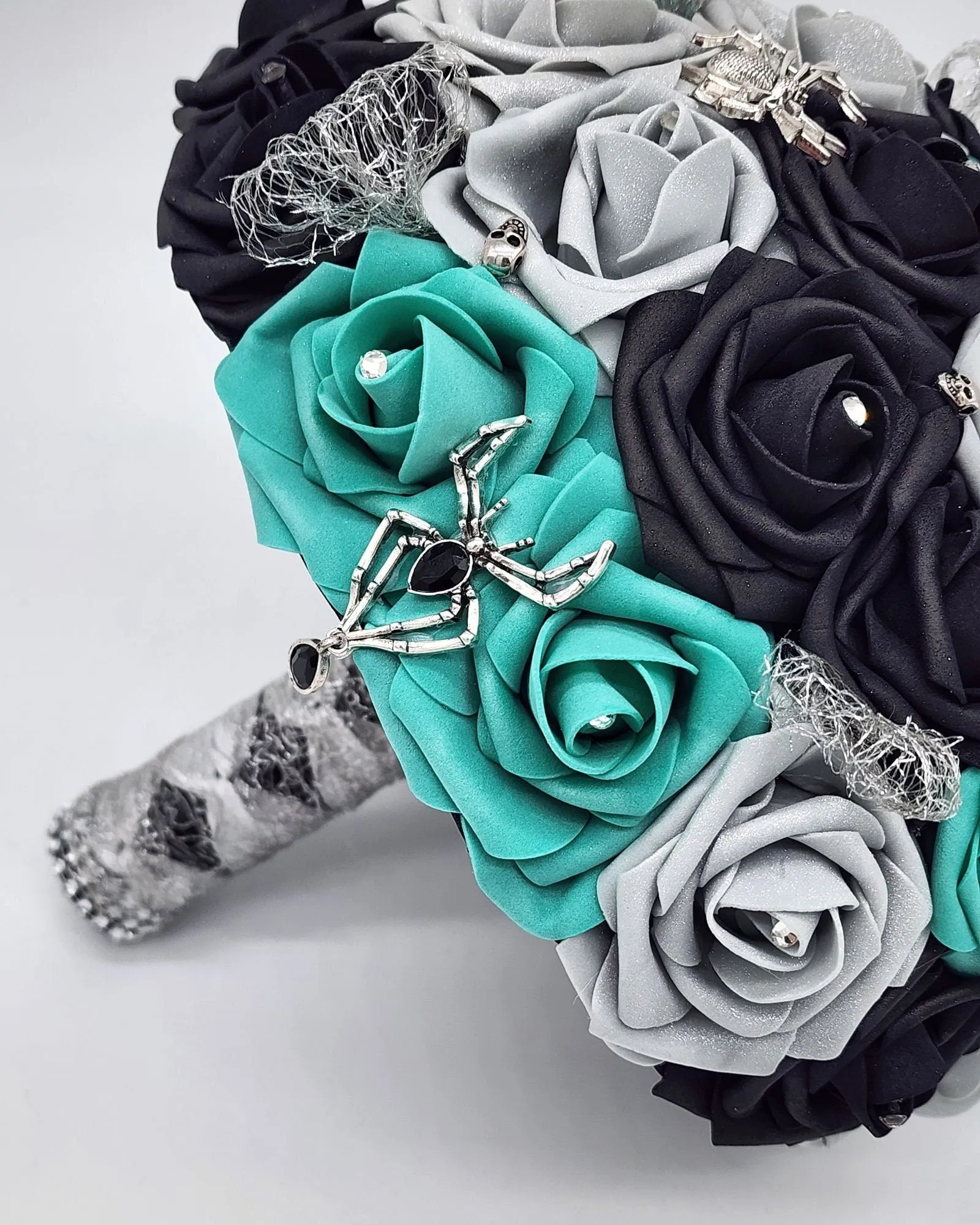 Gothic Teal, Black, and Silver Wedding Bouquet – Spider and Web Alternative Bridal Bouquet
