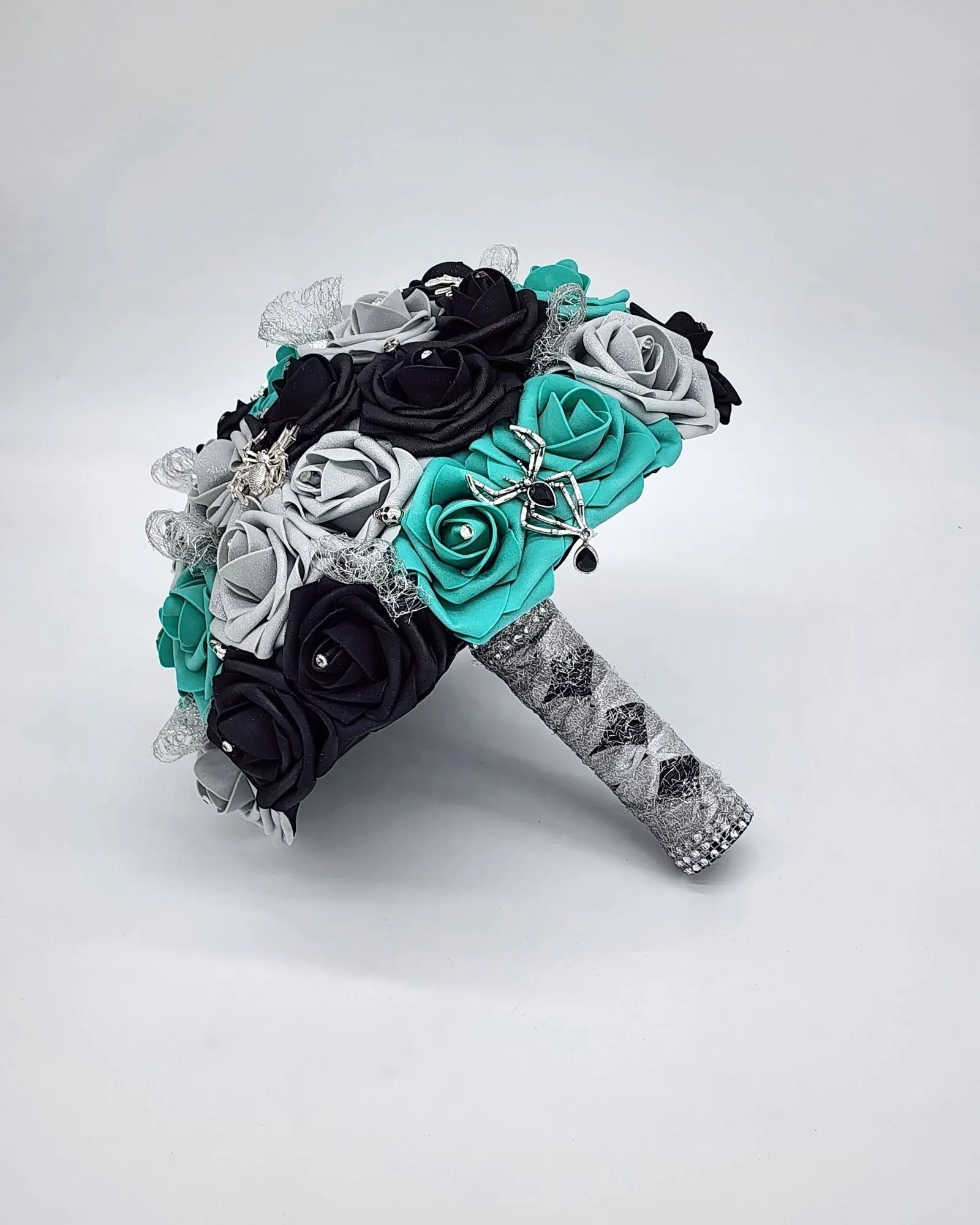Gothic Teal, Black, and Silver Wedding Bouquet – Spider and Web Alternative Bridal Bouquet