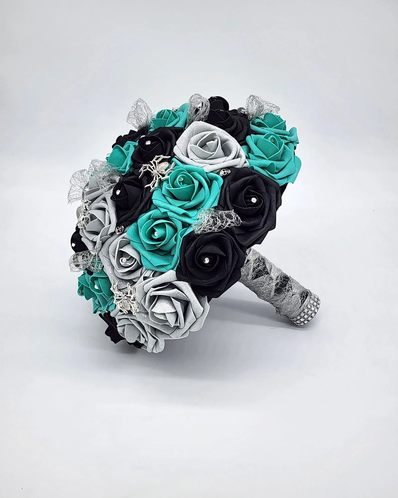 Gothic Teal, Black, and Silver Wedding Bouquet – Spider and Web Alternative Bridal Bouquet