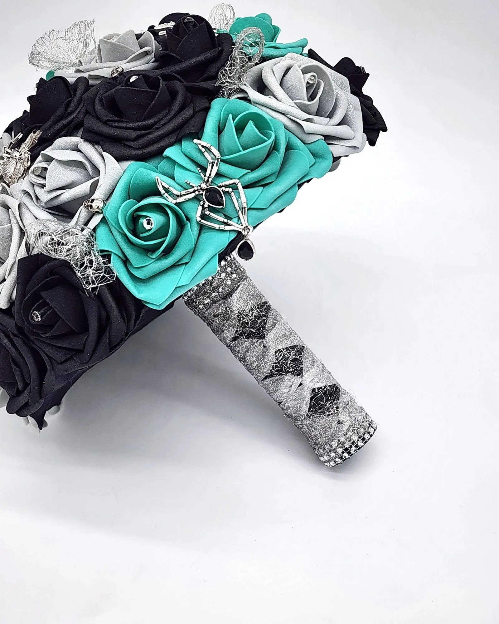 Gothic Teal, Black, and Silver Wedding Bouquet – Spider and Web Alternative Bridal Bouquet