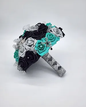 Gothic Teal, Black, and Silver Wedding Bouquet – Spider and Web Alternative Bridal Bouquet