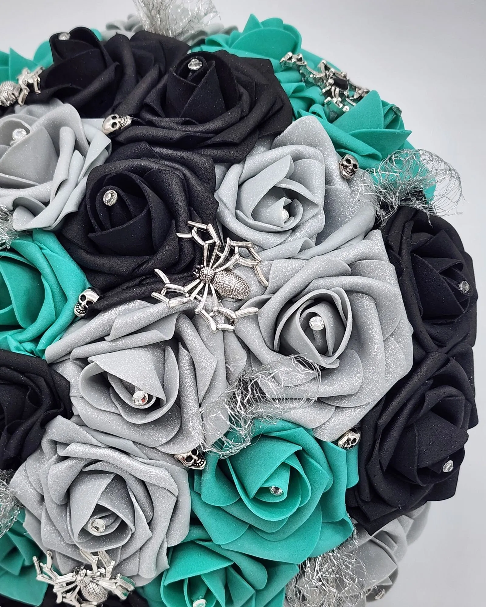 Gothic Teal, Black, and Silver Wedding Bouquet – Spider and Web Alternative Bridal Bouquet