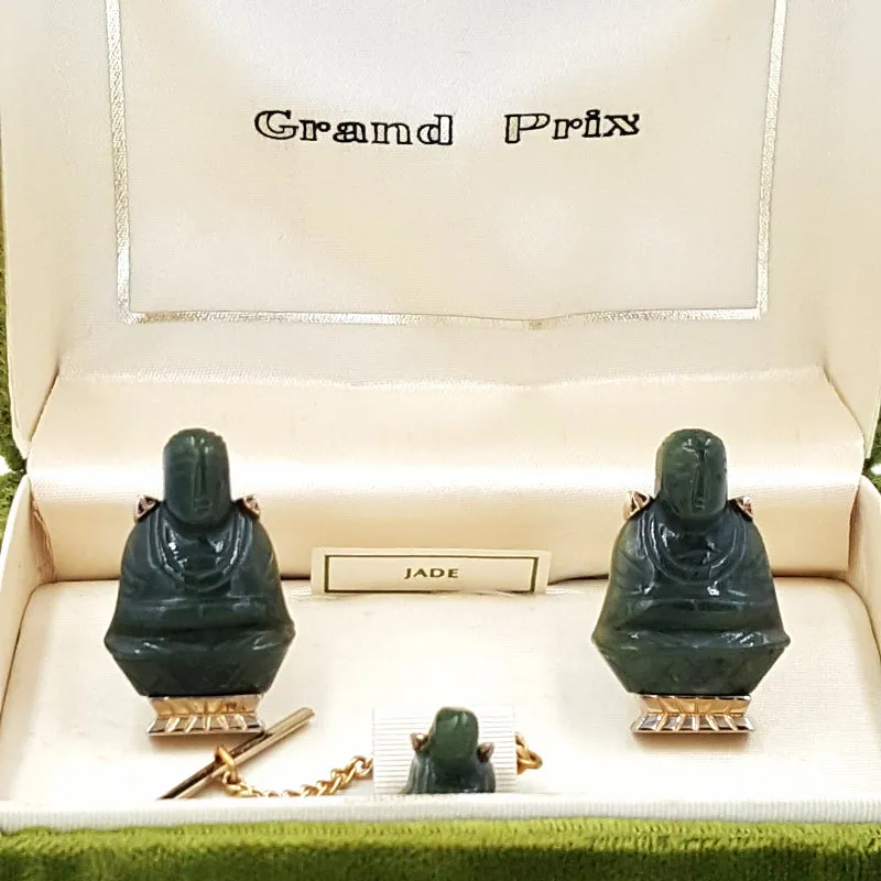 Grand Prix Jade Buddha Cufflink and Tie Pin Set Vintage Original Box