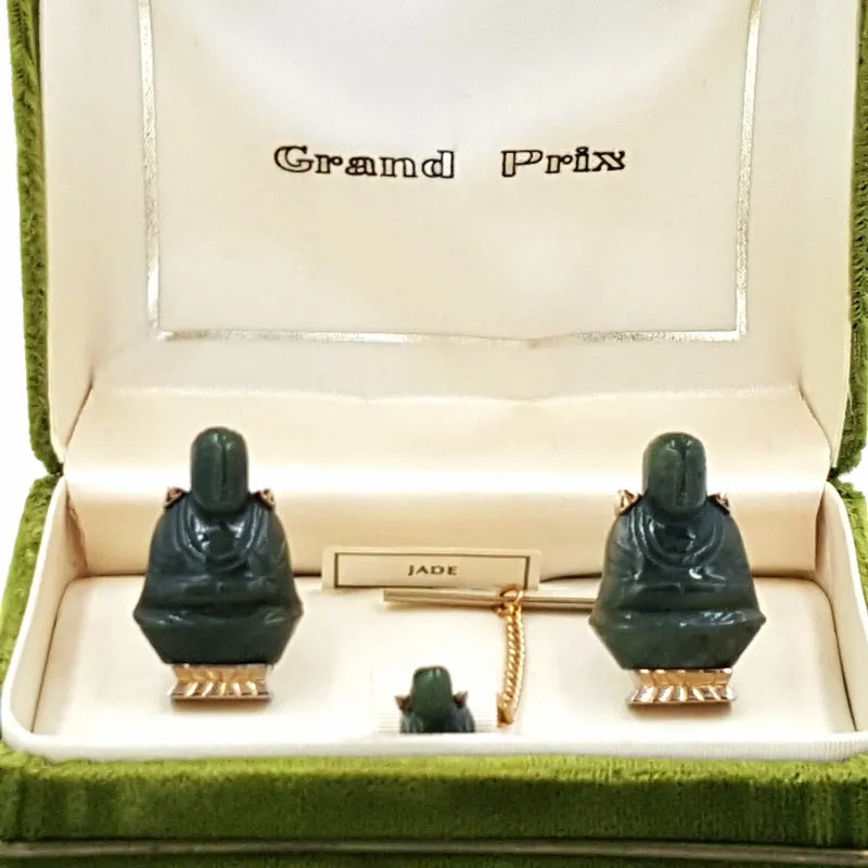 Grand Prix Jade Buddha Cufflink and Tie Pin Set Vintage Original Box
