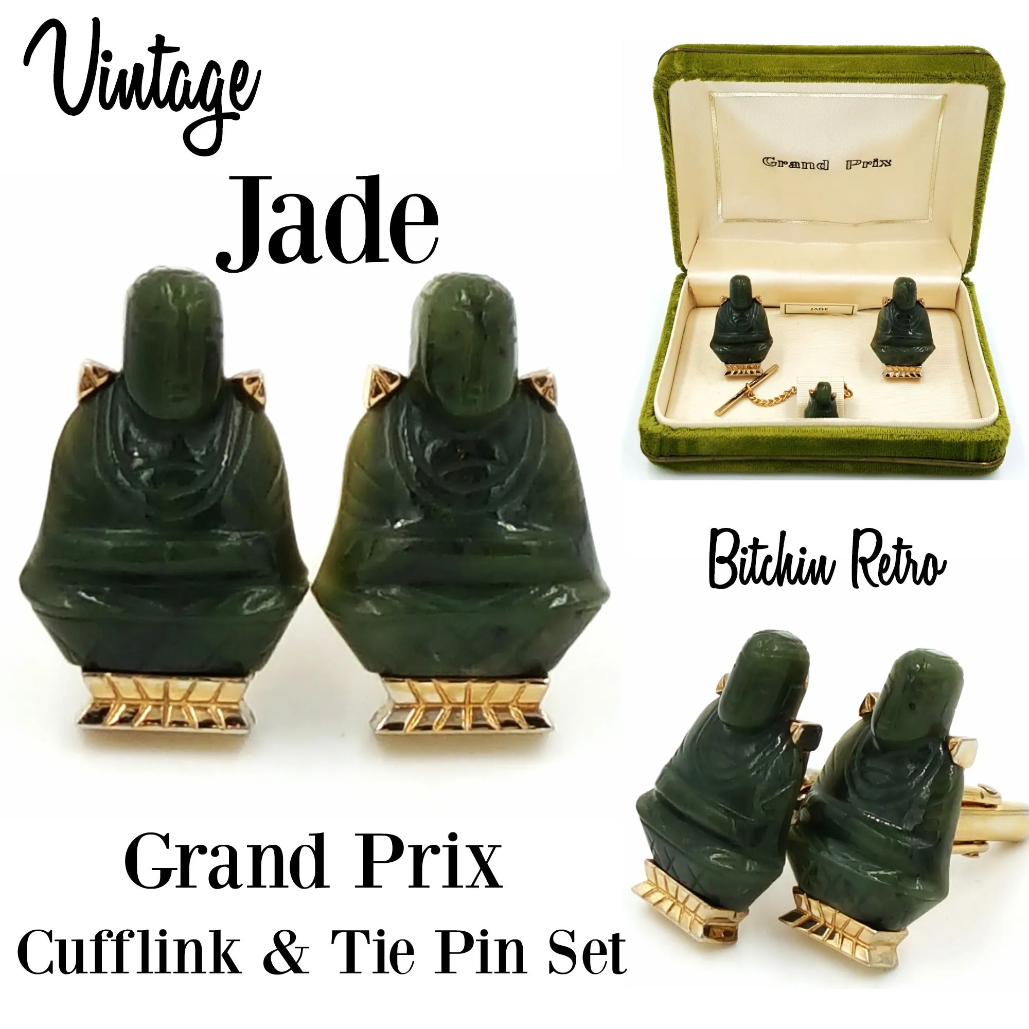 Grand Prix Jade Buddha Cufflink and Tie Pin Set Vintage Original Box