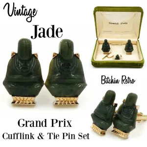 Grand Prix Jade Buddha Cufflink and Tie Pin Set Vintage Original Box