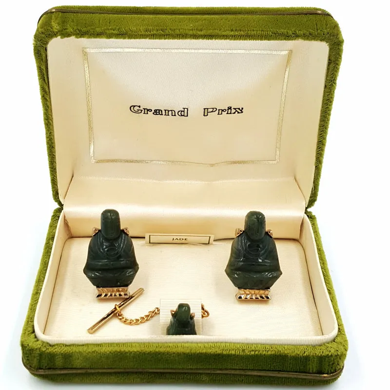 Grand Prix Jade Buddha Cufflink and Tie Pin Set Vintage Original Box