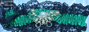 GREEN XL PLUS GOLD BUTTERFLY WIRE PEARLS RHINESTONES GOLD PEARL STUDS BLACK LACE GARTER WEDDING STARR WILDE STEAMPUNK FORTRESS