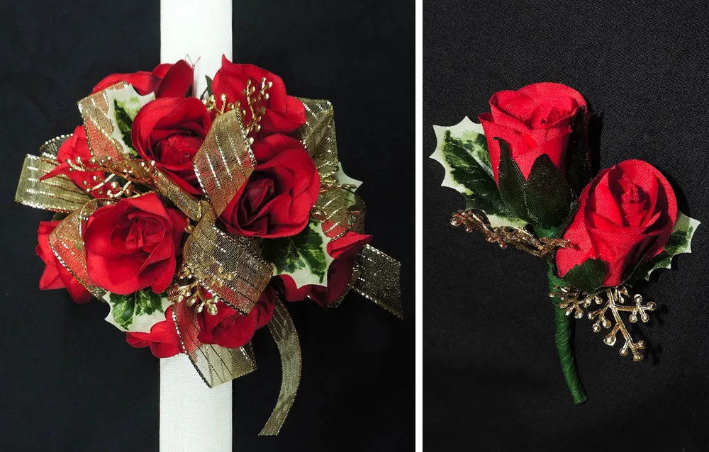 Holiday Red and Gold Silk Flower Prom Package