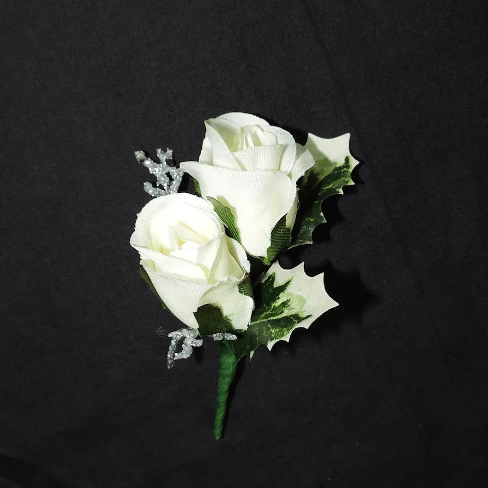 Holiday White and Silver Silk Rose Boutonniere