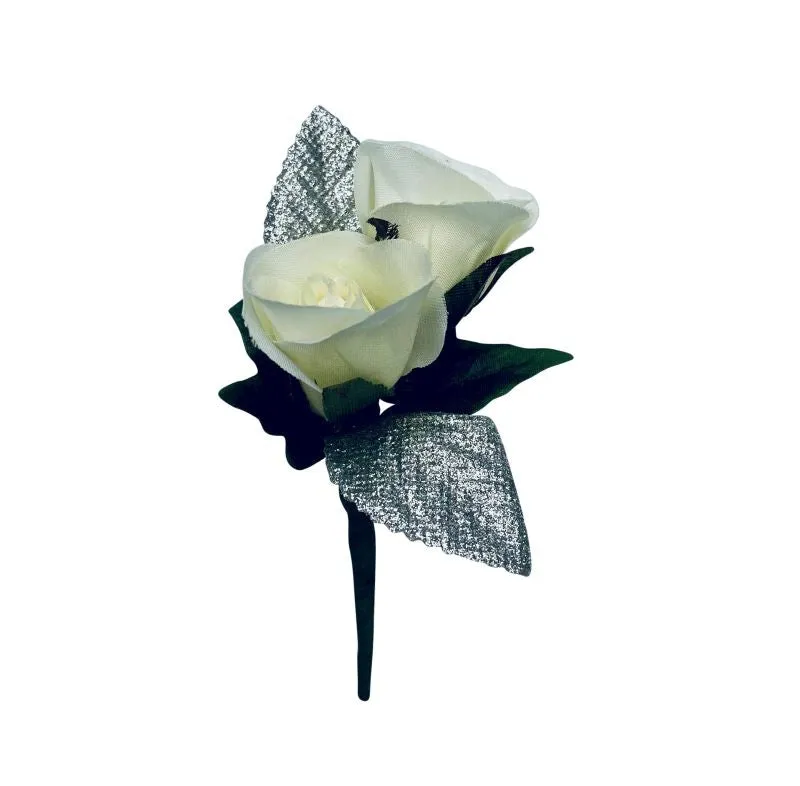 Holiday White and Silver Silk Rose Boutonniere