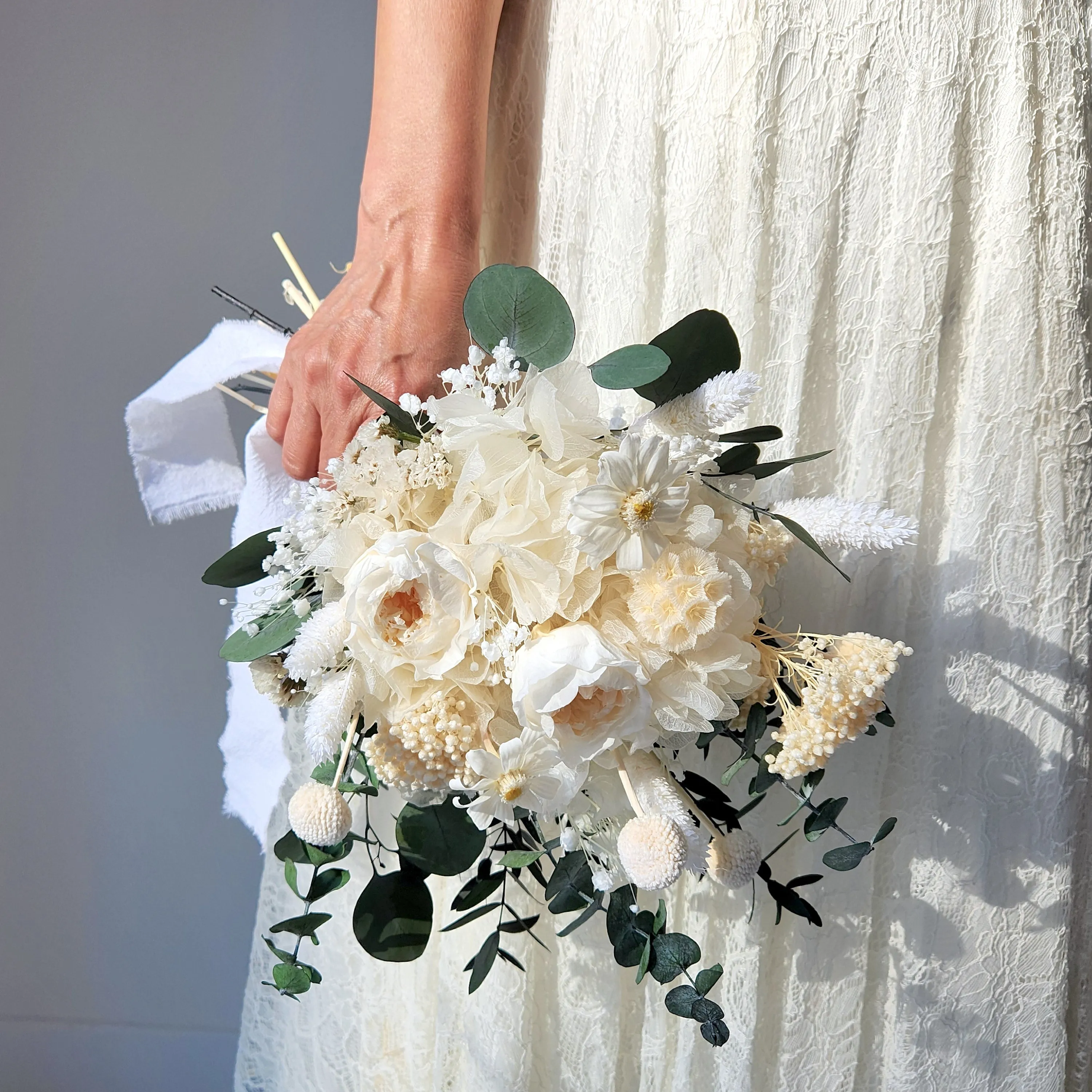Ivory Peony Dried Flower Bouquet, White and Greenery Wedding Bouquet, Wedding Flowers
