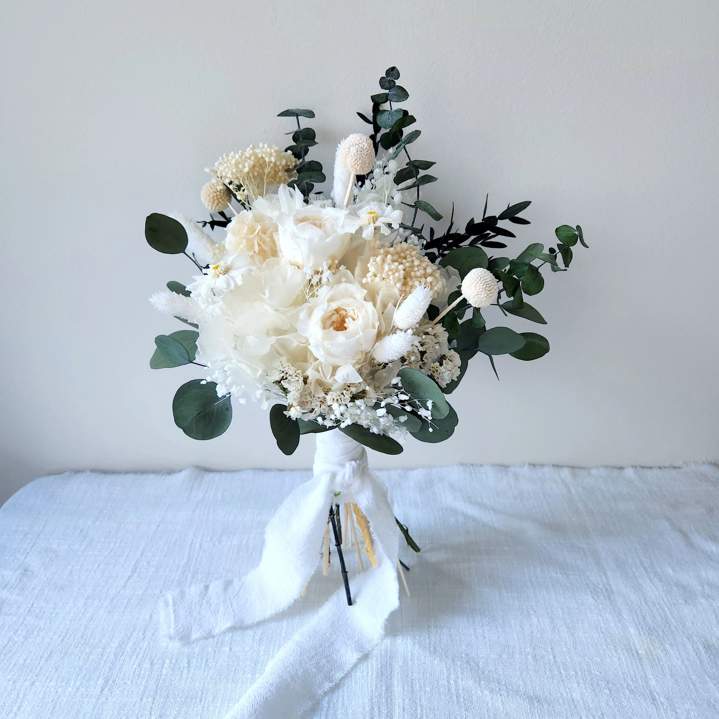 Ivory Peony Dried Flower Bouquet, White and Greenery Wedding Bouquet, Wedding Flowers