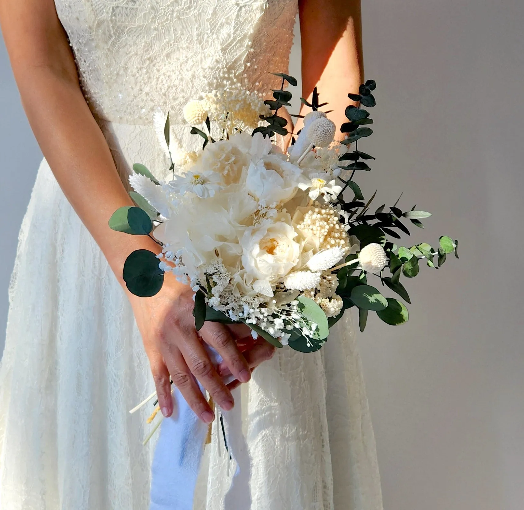 Ivory Peony Dried Flower Bouquet, White and Greenery Wedding Bouquet, Wedding Flowers