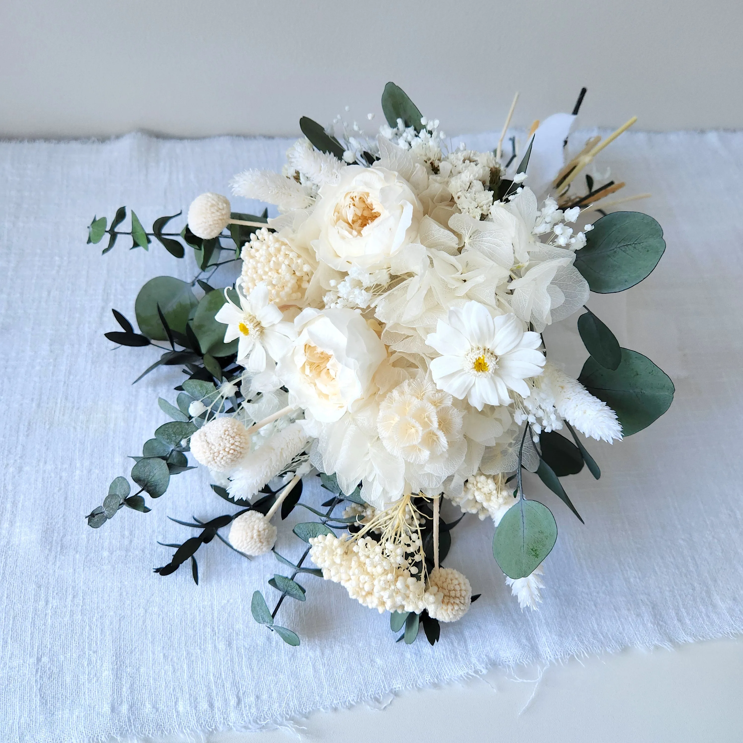 Ivory Peony Dried Flower Bouquet, White and Greenery Wedding Bouquet, Wedding Flowers
