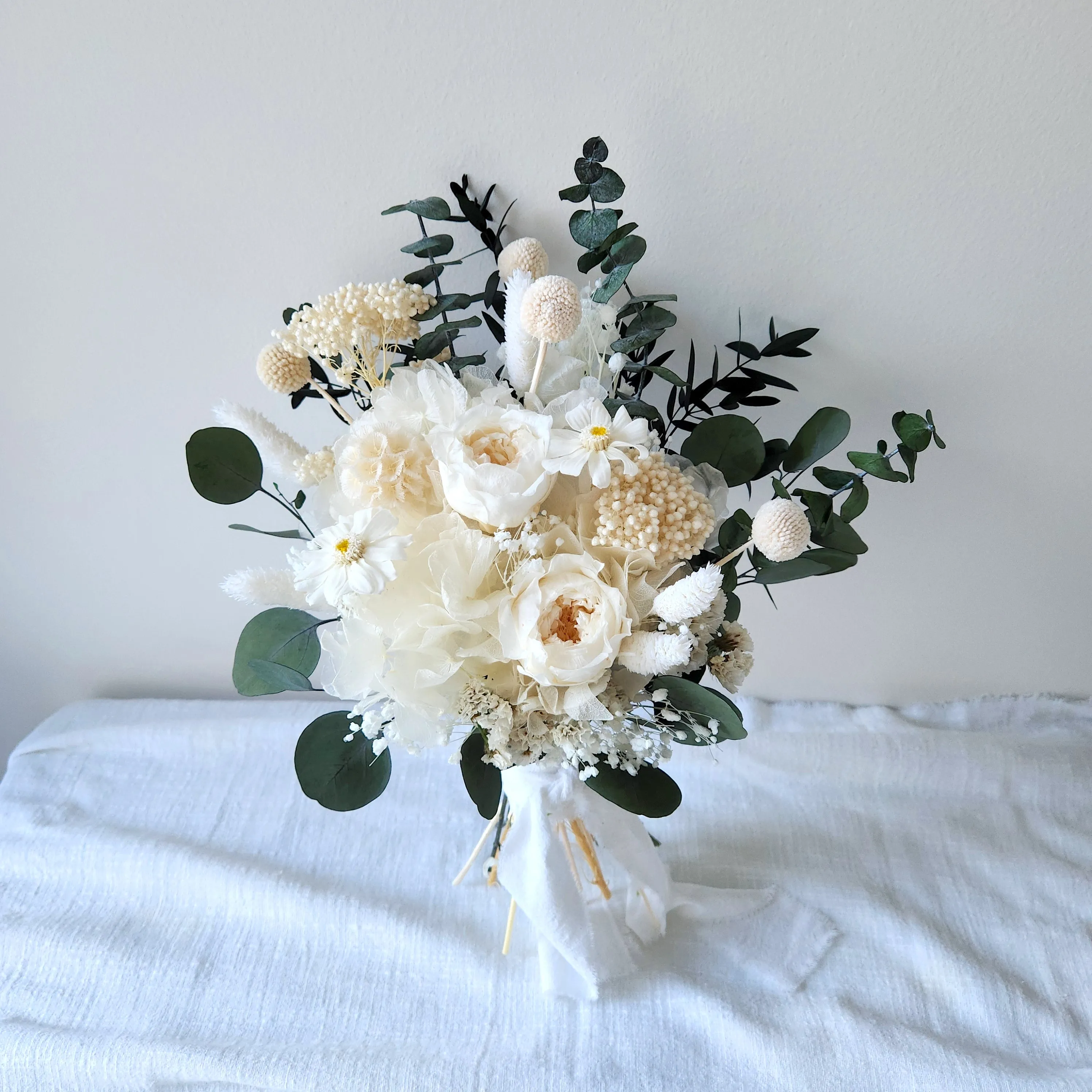 Ivory Peony Dried Flower Bouquet, White and Greenery Wedding Bouquet, Wedding Flowers