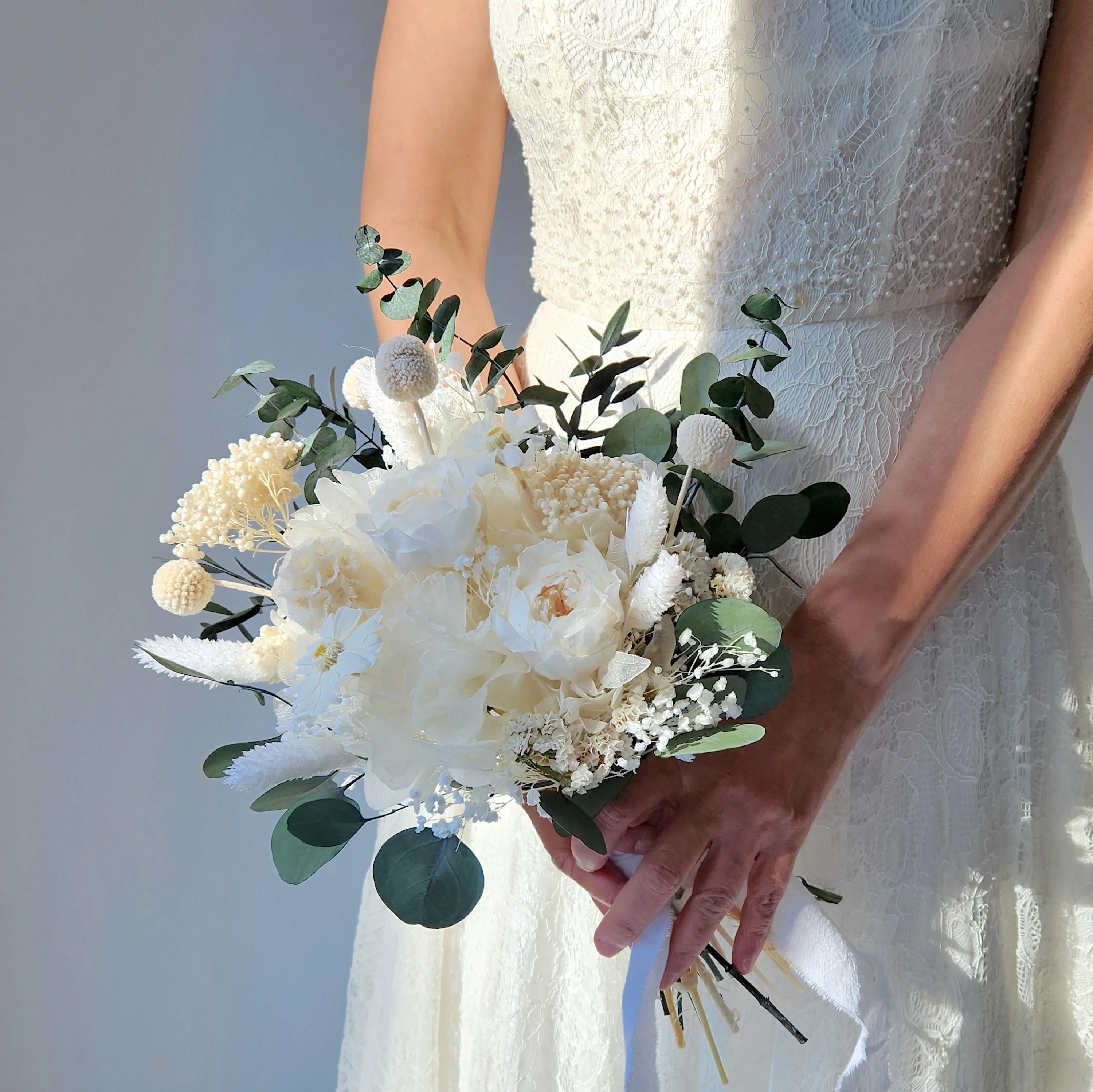 Ivory Peony Dried Flower Bouquet, White and Greenery Wedding Bouquet, Wedding Flowers