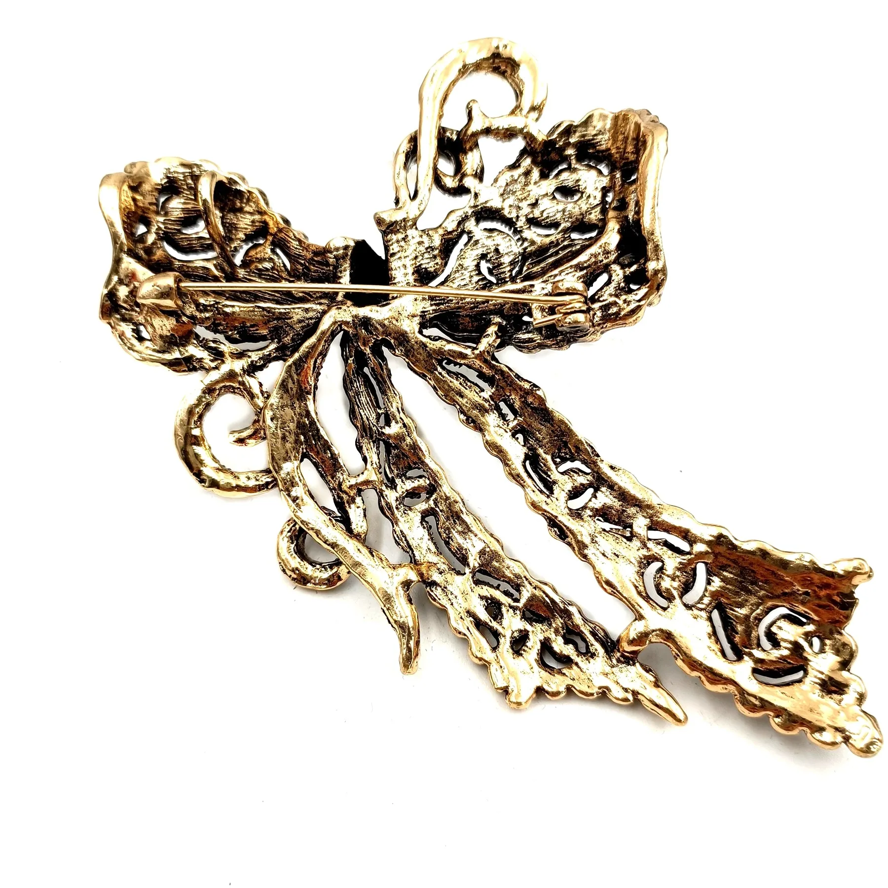 Jewelblings Edwardian Vintage Gold Tone Scroll Filigree Blue Crystal Bow Brooches Pin Big Bowtie Jewelry for Costume Evening Dress Gown Coa