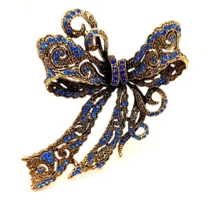 Jewelblings Edwardian Vintage Gold Tone Scroll Filigree Blue Crystal Bow Brooches Pin Big Bowtie Jewelry for Costume Evening Dress Gown Coa