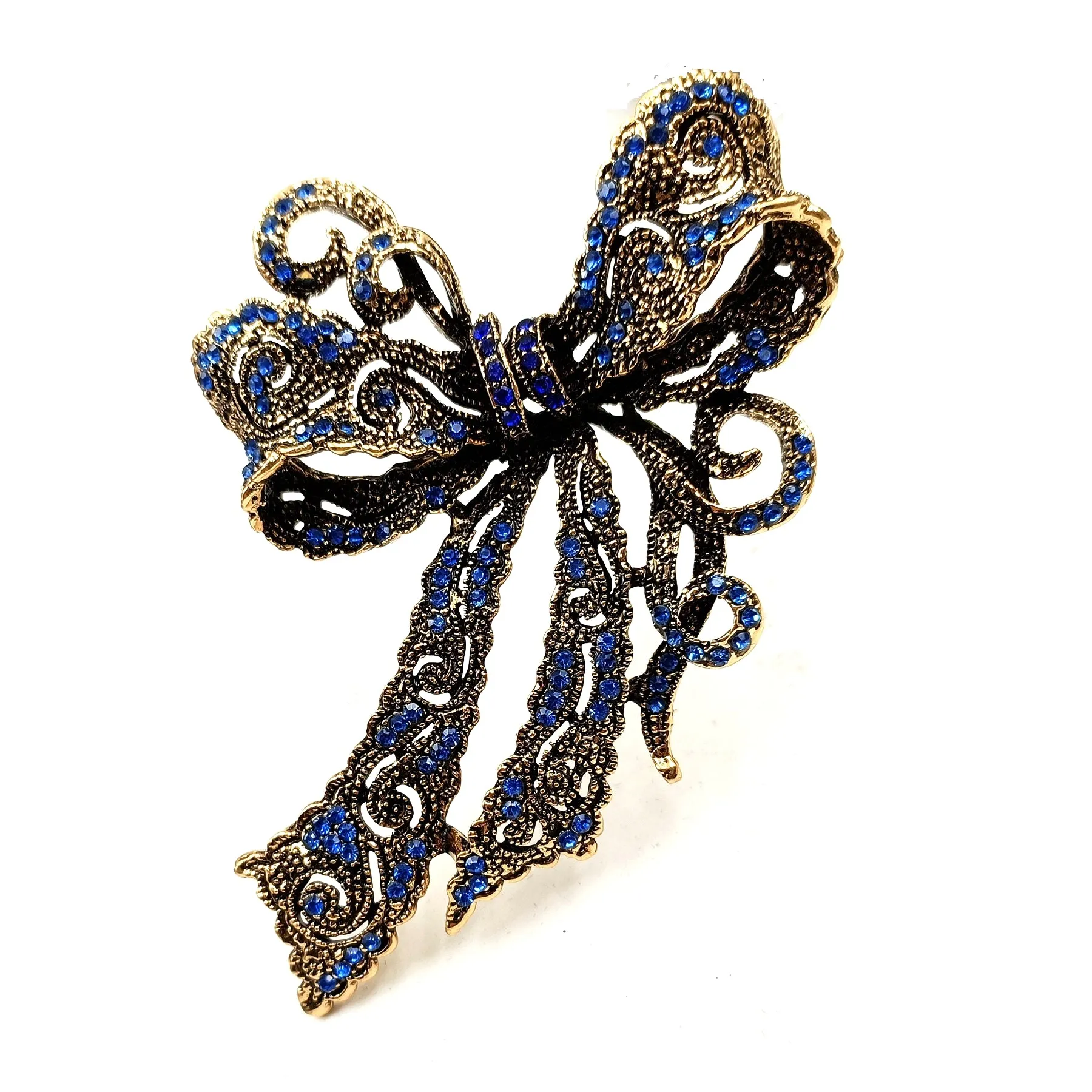 Jewelblings Edwardian Vintage Gold Tone Scroll Filigree Blue Crystal Bow Brooches Pin Big Bowtie Jewelry for Costume Evening Dress Gown Coa