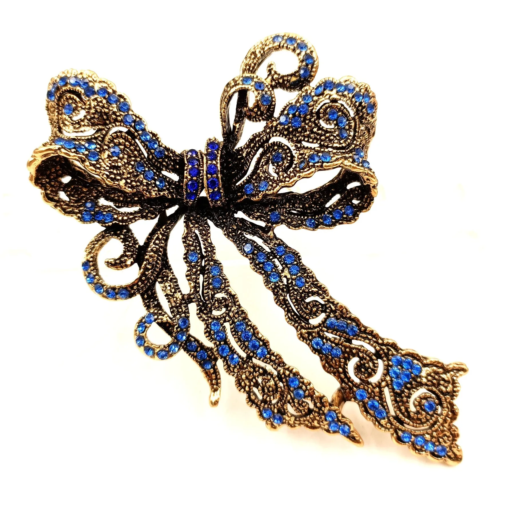 Jewelblings Edwardian Vintage Gold Tone Scroll Filigree Blue Crystal Bow Brooches Pin Big Bowtie Jewelry for Costume Evening Dress Gown Coa