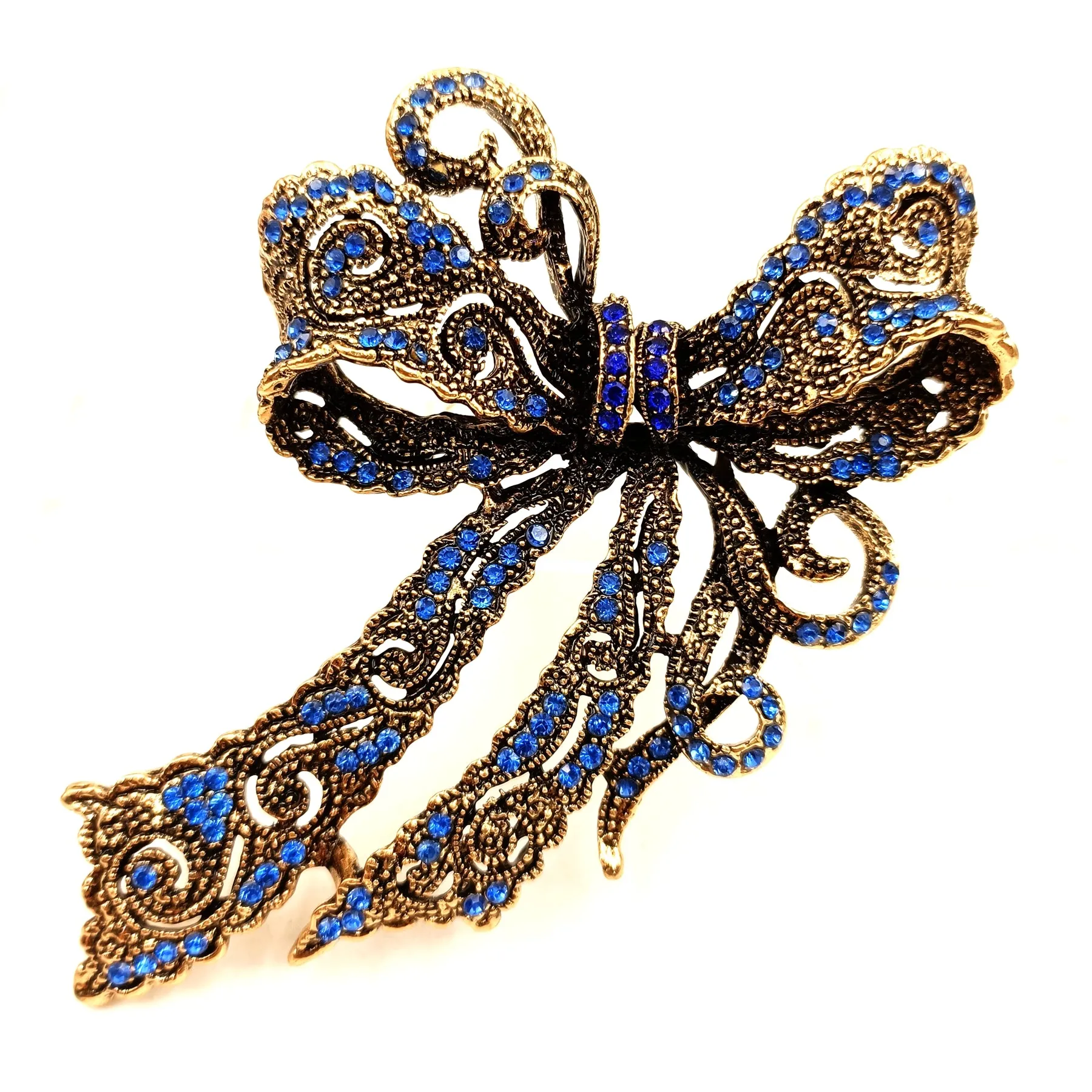 Jewelblings Edwardian Vintage Gold Tone Scroll Filigree Blue Crystal Bow Brooches Pin Big Bowtie Jewelry for Costume Evening Dress Gown Coa