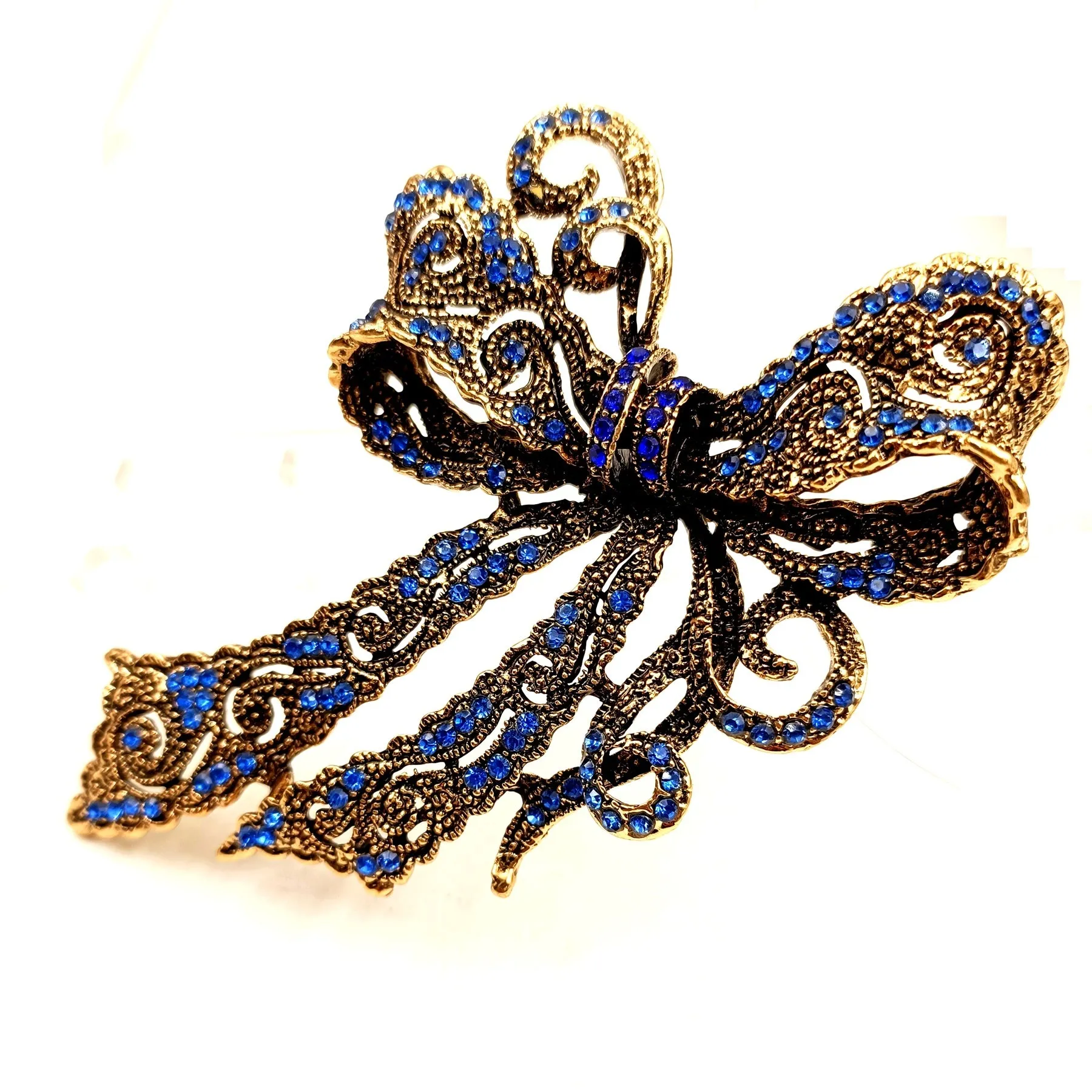 Jewelblings Edwardian Vintage Gold Tone Scroll Filigree Blue Crystal Bow Brooches Pin Big Bowtie Jewelry for Costume Evening Dress Gown Coa
