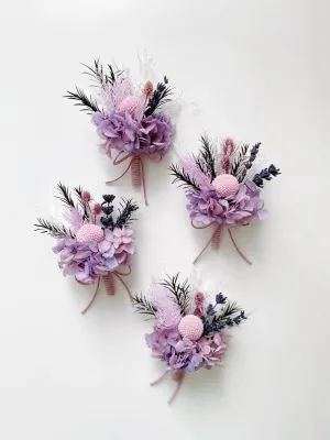Lavender Hydrangea and Pink Ball Flower Boutonniere Set