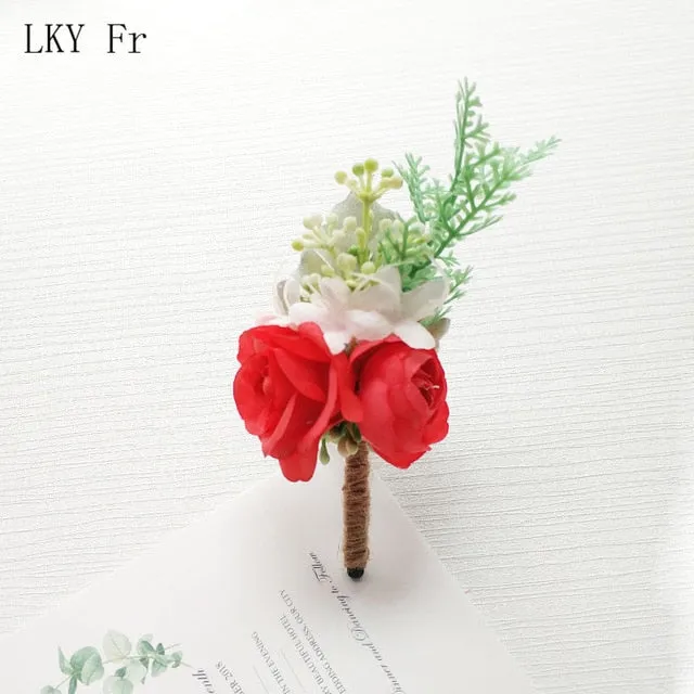 LKY Fr Boutonniere Flowers Wedding Corsage Pins White Pink Groom Boutonniere Buttonhole Men Wedding Witness Marriage Accessories