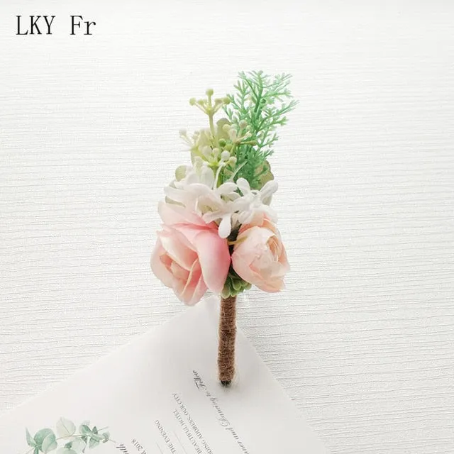 LKY Fr Boutonniere Flowers Wedding Corsage Pins White Pink Groom Boutonniere Buttonhole Men Wedding Witness Marriage Accessories