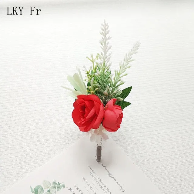 LKY Fr Boutonniere Flowers Wedding Corsage Pins White Pink Groom Boutonniere Buttonhole Men Wedding Witness Marriage Accessories