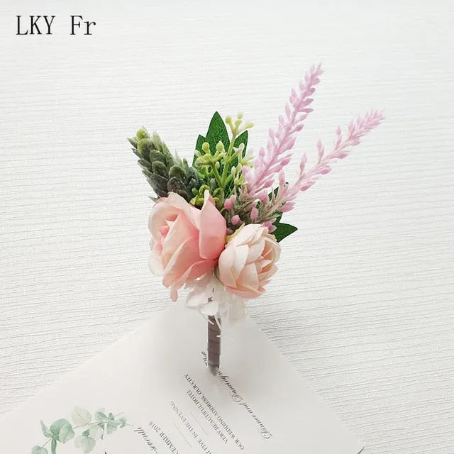 LKY Fr Boutonniere Flowers Wedding Corsage Pins White Pink Groom Boutonniere Buttonhole Men Wedding Witness Marriage Accessories