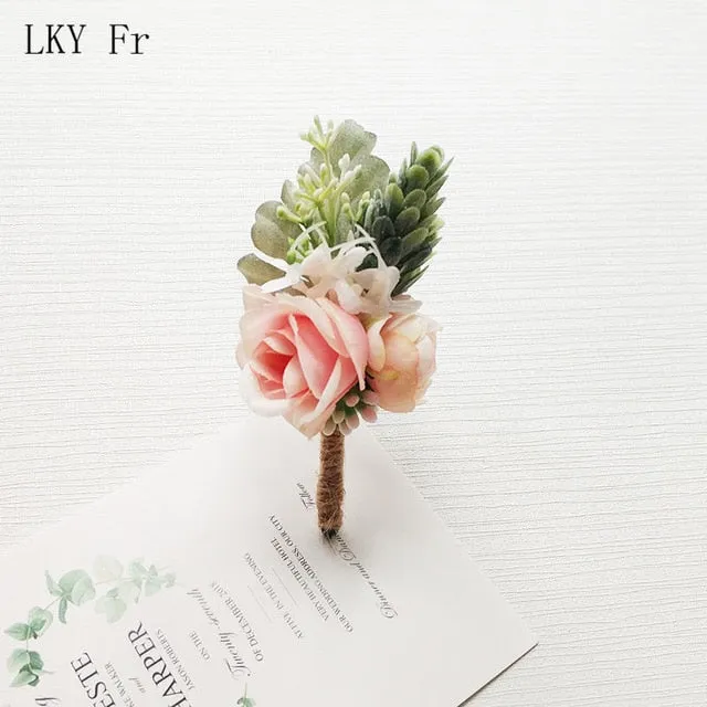 LKY Fr Boutonniere Flowers Wedding Corsage Pins White Pink Groom Boutonniere Buttonhole Men Wedding Witness Marriage Accessories