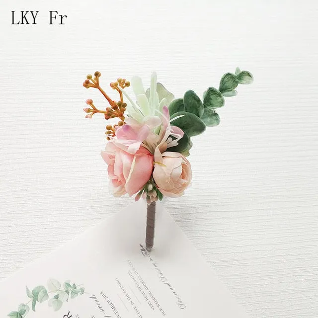 LKY Fr Boutonniere Flowers Wedding Corsage Pins White Pink Groom Boutonniere Buttonhole Men Wedding Witness Marriage Accessories