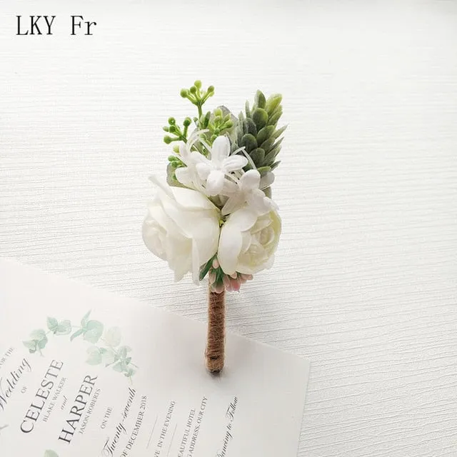 LKY Fr Boutonniere Flowers Wedding Corsage Pins White Pink Groom Boutonniere Buttonhole Men Wedding Witness Marriage Accessories