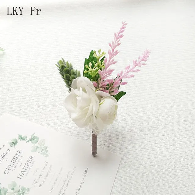 LKY Fr Boutonniere Flowers Wedding Corsage Pins White Pink Groom Boutonniere Buttonhole Men Wedding Witness Marriage Accessories
