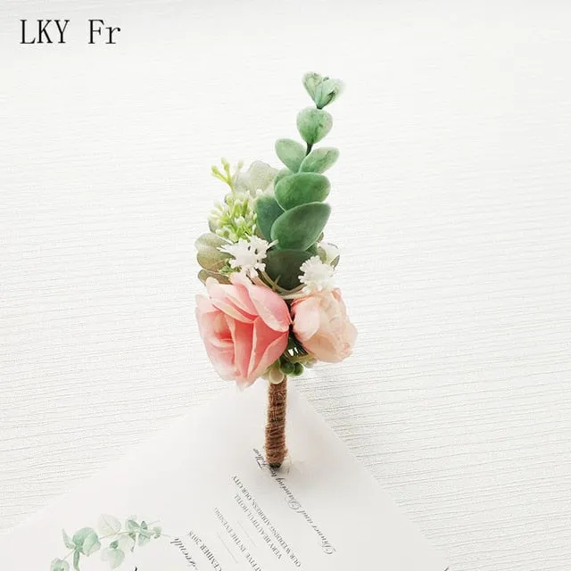 LKY Fr Boutonniere Flowers Wedding Corsage Pins White Pink Groom Boutonniere Buttonhole Men Wedding Witness Marriage Accessories