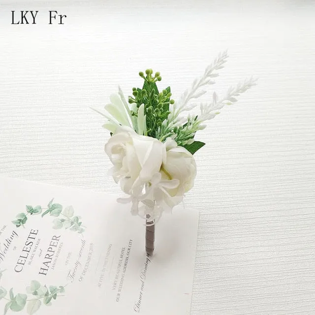 LKY Fr Boutonniere Flowers Wedding Corsage Pins White Pink Groom Boutonniere Buttonhole Men Wedding Witness Marriage Accessories