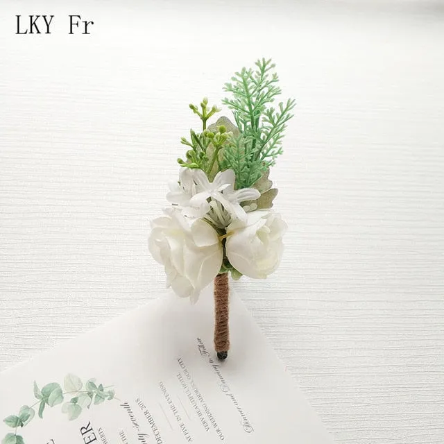 LKY Fr Boutonniere Flowers Wedding Corsage Pins White Pink Groom Boutonniere Buttonhole Men Wedding Witness Marriage Accessories