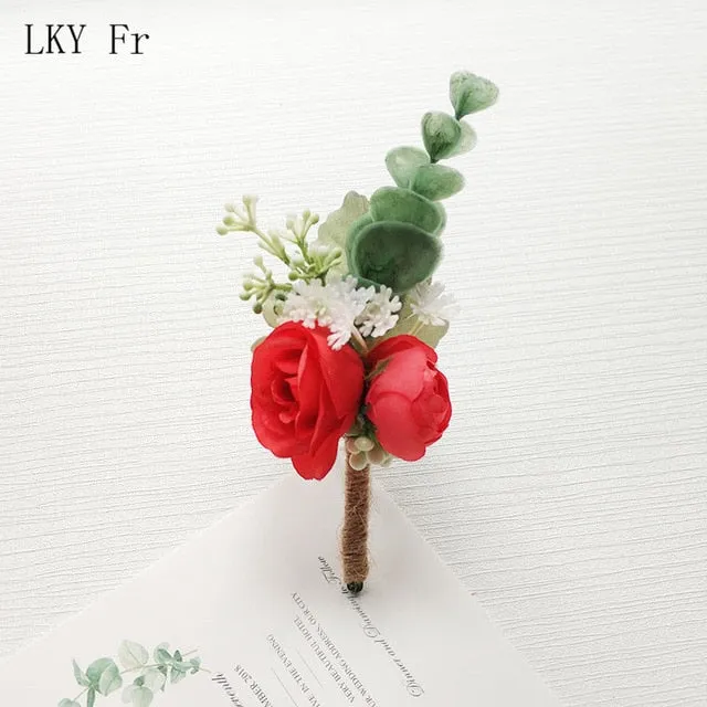 LKY Fr Boutonniere Flowers Wedding Corsage Pins White Pink Groom Boutonniere Buttonhole Men Wedding Witness Marriage Accessories