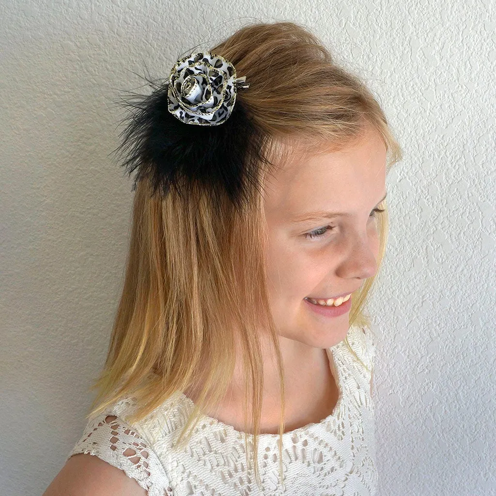 Marabou Ostrich Feather Clip w/Ribbon Black/Silver/White