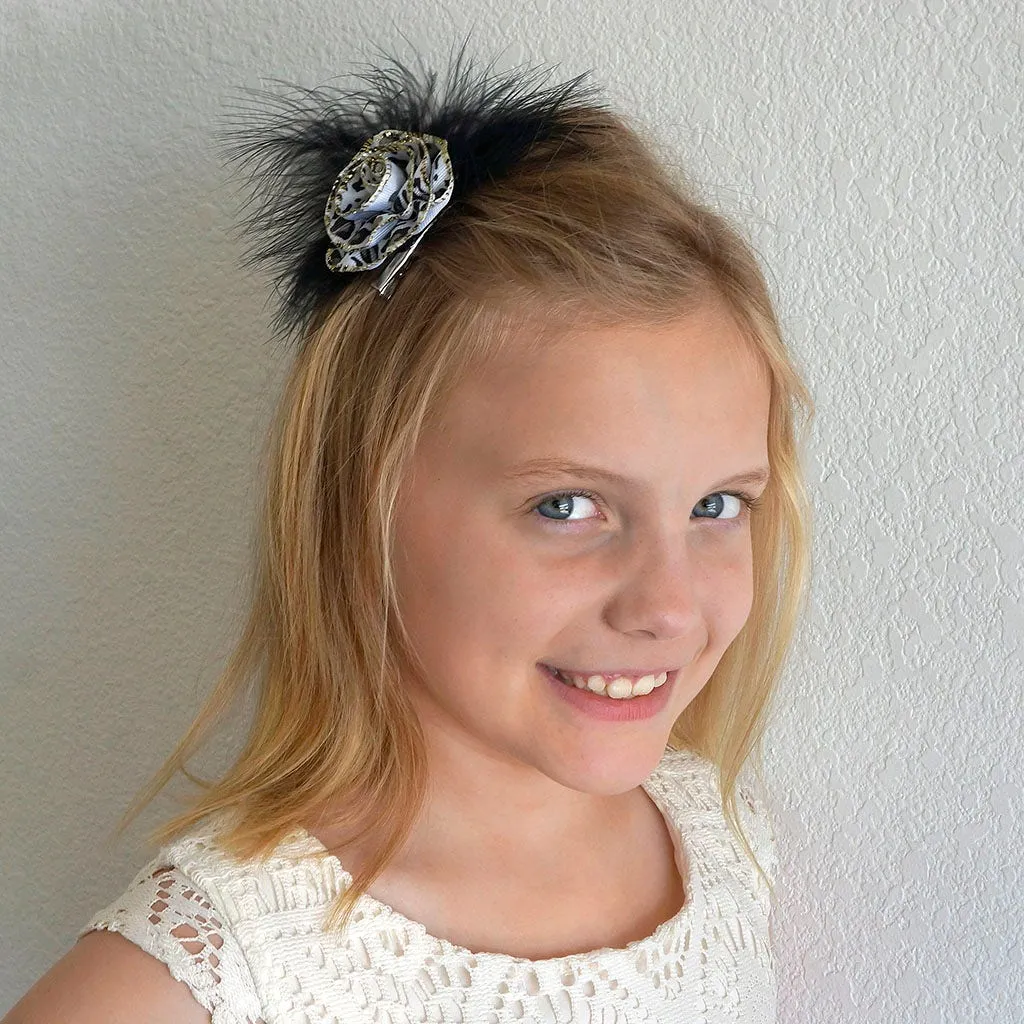Marabou Ostrich Feather Clip w/Ribbon Black/Silver/White