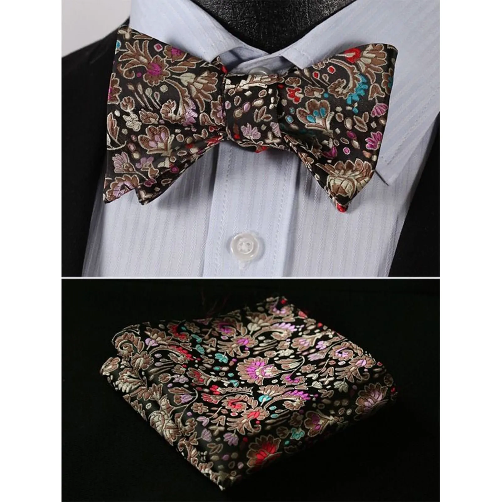 Men's Silk Brown Pink Floral Self Bow Tie Handkerchief